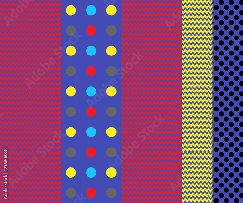 Multicolored Vertical Patchwork pattern design with polka dots and chevron. Seamless pattern for textile/fabric print