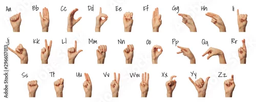 Obraz Woman showing ASL alphabet on white background. Sign language concept