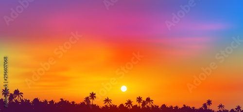 Colorful sky sunset view above tropical palm trees forest dark silhouette, vector illustration © art_of_sun