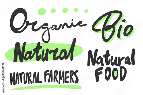 Green eco eat vegan organic bio sticker collection for social media content. Vector hand drawn illustration design. 