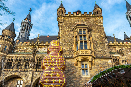 Giant Aachener Printen figure as a symbol of the Aachener Weihnachtsmarkt or the Aachen Christmas Market next to the city hall, in Aachen, Germany
