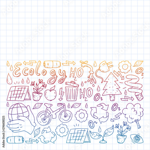 Vector pattern with kindergarten, toy children. Happy children illustration. Gradient drawing on a notebook in a Squared notebook.