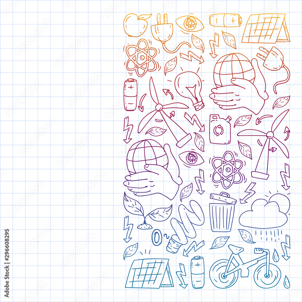 Fototapeta premium Vector pattern with kindergarten, toy children. Happy children illustration. Gradient drawing on a notebook in a Squared notebook.