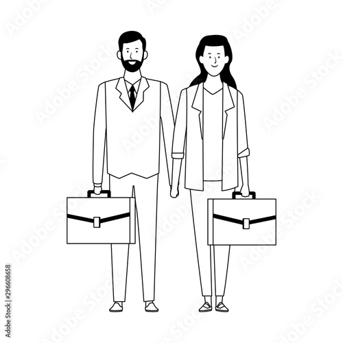cartoon business woman and man with portfolios