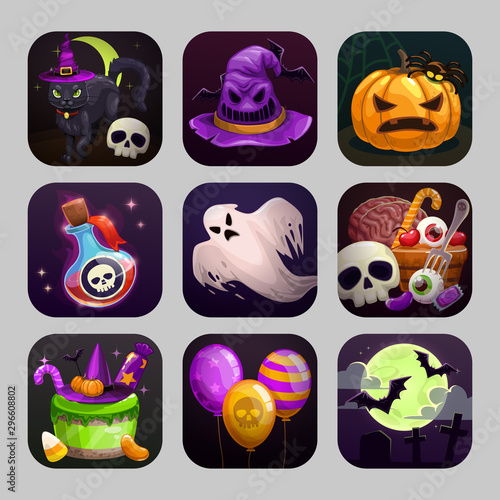 Scary cartoon app icons with Halloween attributes.