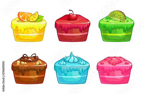 Cartoon colorful cakes with different decor and cream on the top.