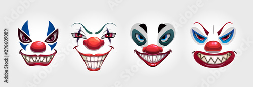Crazy clowns faces on white background. Circus monsters.