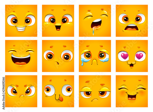 Emoji face collection. Funny cartoon comic square yellow faces on white background.