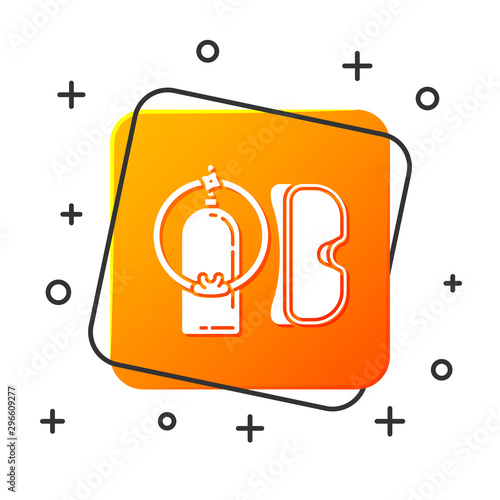 White Diving mask and aqualung icon isolated on white background. Oxygen tank for diver. Extreme sport. Sport equipment. Orange square button. Vector Illustration