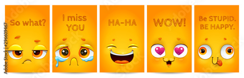 Funny yellow posters with comic cartoon faces and text on them.