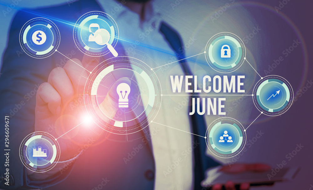 Word writing text Welcome June. Business photo showcasing Calendar Sixth Month Second Quarter Thirty days Greetings Male human wear formal work suit presenting presentation using smart device Word writing text Welcome June. Business photo showcasing Calendar Sixth Month Second Quarter Thirty days Greetings Male human wear formal work suit presenting presentation using smart device