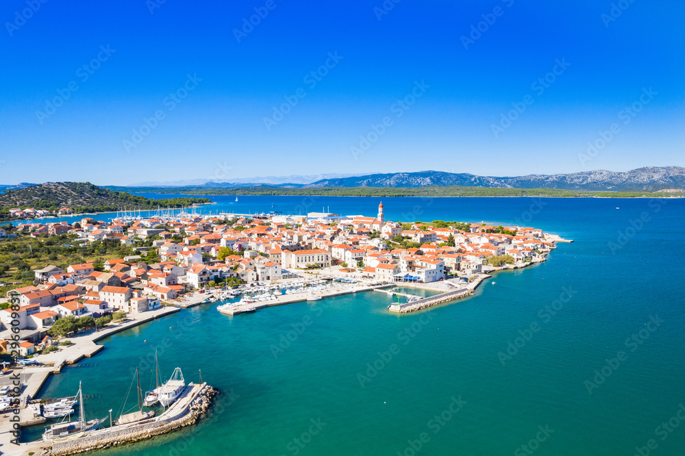 Beautiful Croatian coast, Murter island and town of Betina from air, Dalmatia Croatia