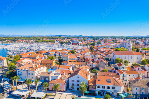 Croatia, town of Biograd na Moru on Adriatic sea, aerial view of marina and historic town center