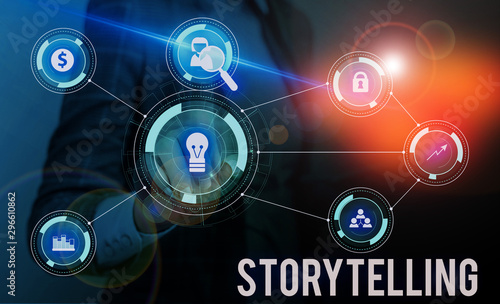 Conceptual hand writing showing Storytelling. Concept meaning social and cultural Activity with Theatrical Gestures Woman wear work suit presenting presentation smart device