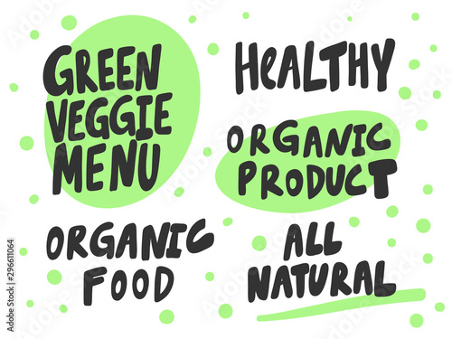 Green eco eat vegan organic bio sticker collection for social media content. Vector hand drawn illustration design. 