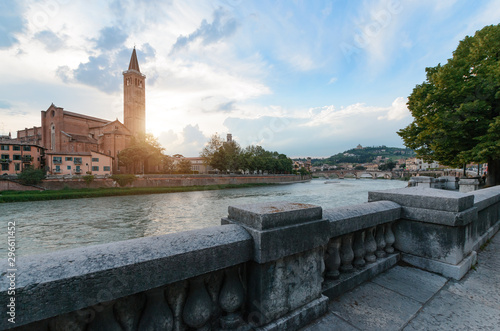 Panoramic view on the dige river in the evening in Verona photo