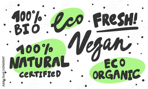 Green eco eat vegan organic bio sticker collection for social media content. Vector hand drawn illustration design. 