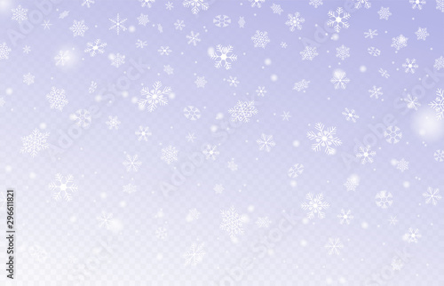 Heavy snowfall, snowflakes in different forms. Many white cold flake elements on transparent background. Snowflakes flying in the air. Snow background. Vector illustration