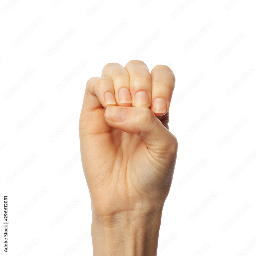 Finger spelling letter E in American Sign language on white background Finger spelling letter E in American Sign language on white background