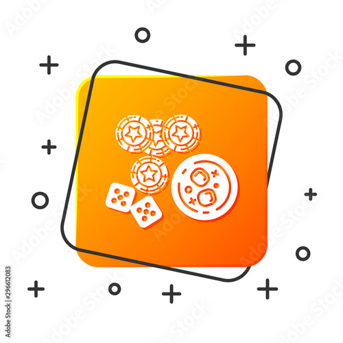 White Casino chips, game dice and glass of whiskey with ice cubes icon isolated on white background. Casino poker. Orange square button. Vector Illustration