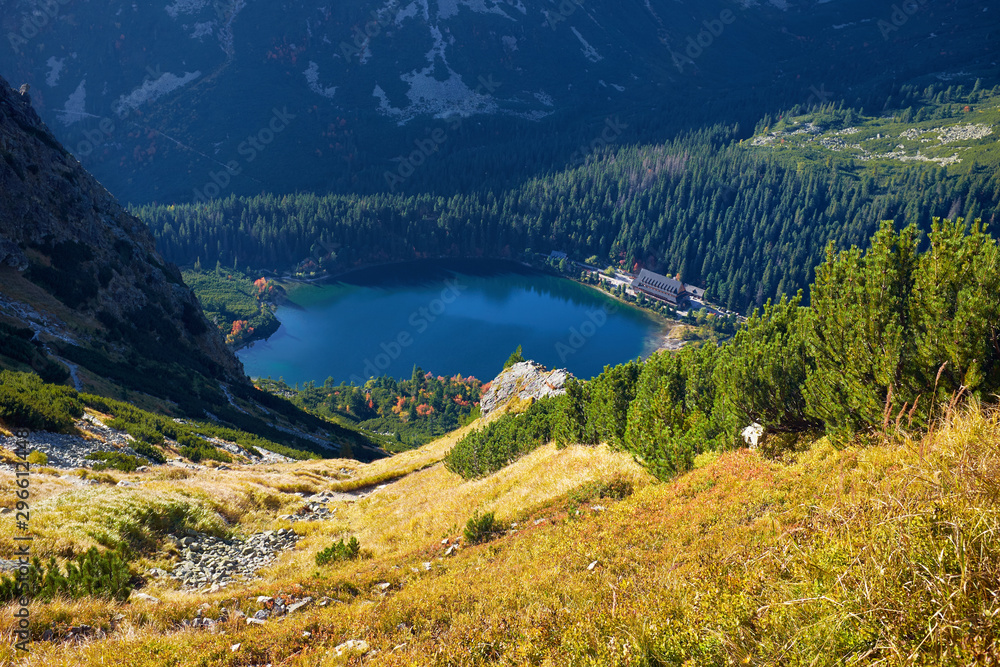 The autumn Poprad Lake from the hiking trail of the Ostrva mountain in High Tatras National Park, Slovakia