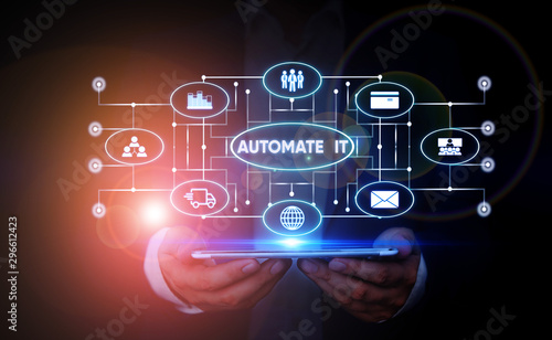 Obraz na płótnie Writing note showing Automate It. Business concept for convert process or facility to be operated automatic equipment. Male wear formal suit presenting presentation smart device w salonie