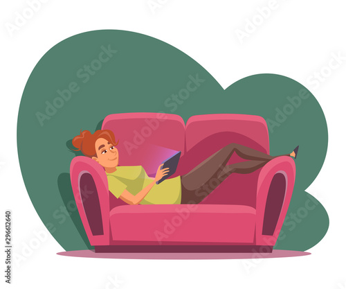 Young girl watching movie flat vector illustration