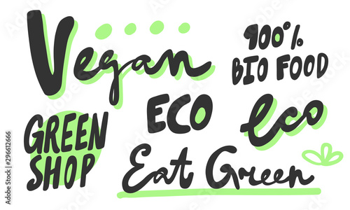 Green eco eat vegan organic bio sticker collection for social media content. Vector hand drawn illustration design. 