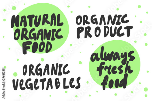 Green eco eat vegan organic bio sticker collection for social media content. Vector hand drawn illustration design. 