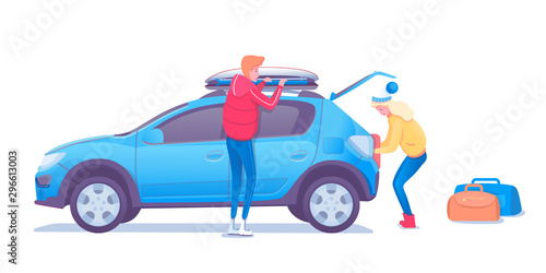 Family on winter trip flat vector illustration