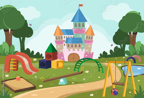 Playground with swing, slide, trees and princess castle for little children. Vector background for litle kids. photo