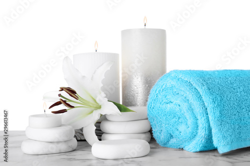 Composition with flower and spa supplies marble on table against white background
