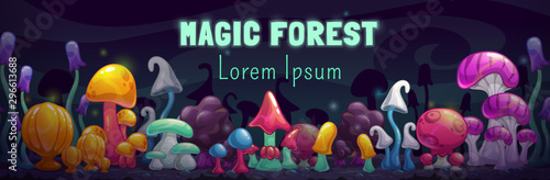 Magic forest scene. Unusual fantasy cartoon colorful mushrooms.