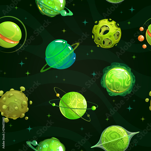Seamless pattern with fantasy green planets on space baclground.