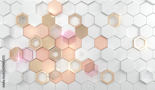 Gold shiny glowing hexagon on the white hexagon.Golden luxury line border for invitation, card, sale, fashion, photo etc. wedding,Beauty products.3d Rendering.