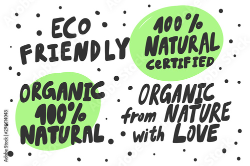 Green eco eat vegan organic bio sticker collection for social media content. Vector hand drawn illustration design. 