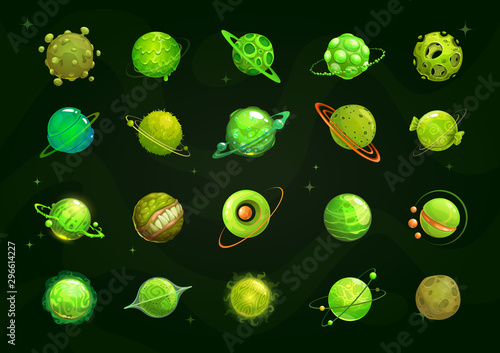 Different cartoon green alien planets set. Funny fantasy planet on the cosmos background.
