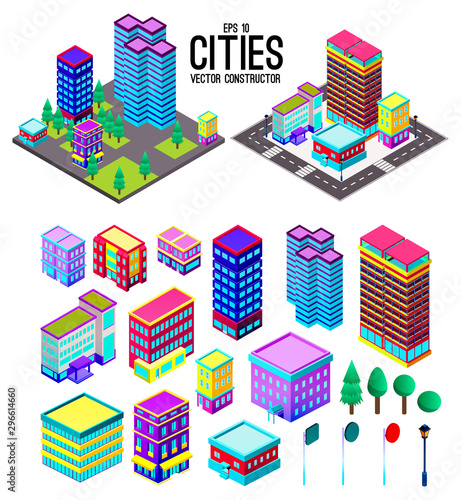 Isometric city, town, megapolis constructor. Illustration with skyscrapers, buildings. 3d icons and elements. Build your own city.