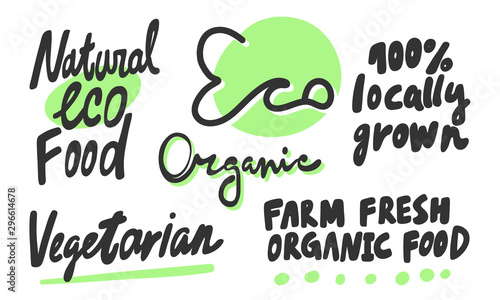 Green eco eat vegan organic bio sticker collection for social media content. Vector hand drawn illustration design. 