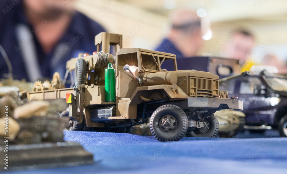 Scale model of undefined military truck. Selective focus