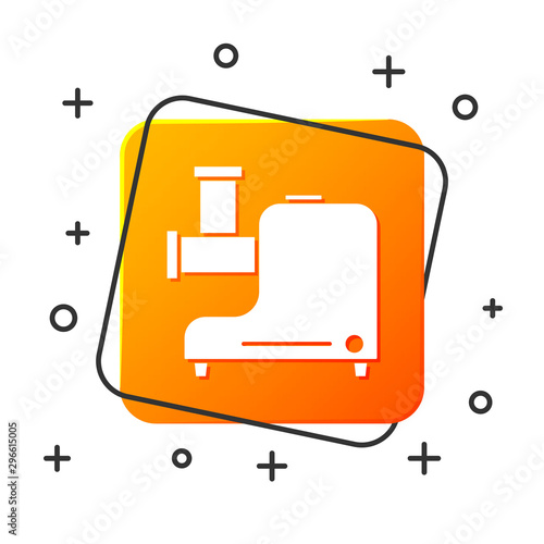 White Kitchen meat grinder icon isolated on white background. Orange square button. Vector Illustration