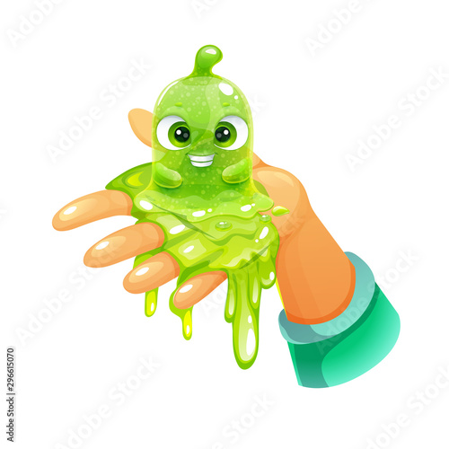 Funny cartoon green slimy character sitting on the hand. Cute slime toy.