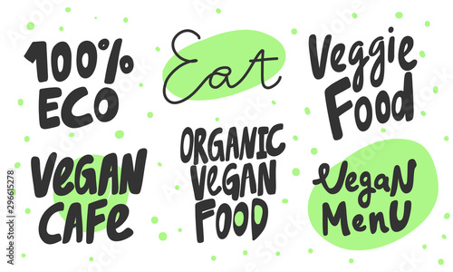 Green eco eat vegan organic bio sticker collection for social media content. Vector hand drawn illustration design. 