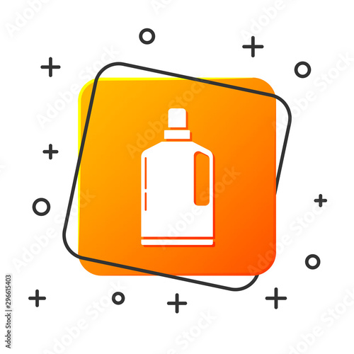 White Plastic bottle for liquid laundry detergent, bleach, dishwashing liquid or another cleaning agent icon isolated on white background. Orange square button. Vector Illustration