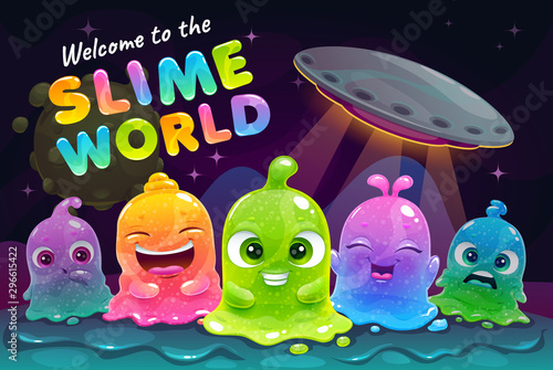 Welcome to the slime world. Funny colorful little cute slimy aliens on the fantasy space background.