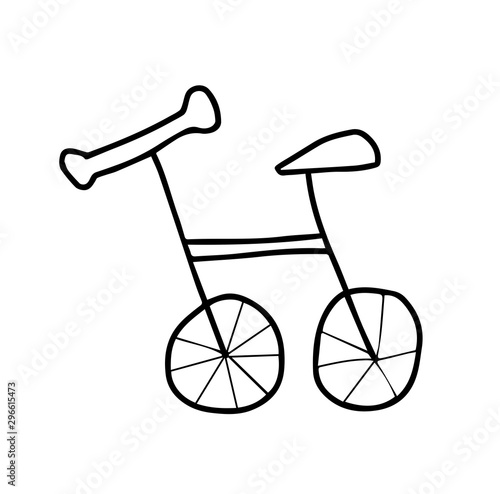 Vector Doodle childish runbike hand drawn on an isolated white background. Sketch black line icon. Design for cards, coloring, textiles, packaging paper, stickers, web and mobile.