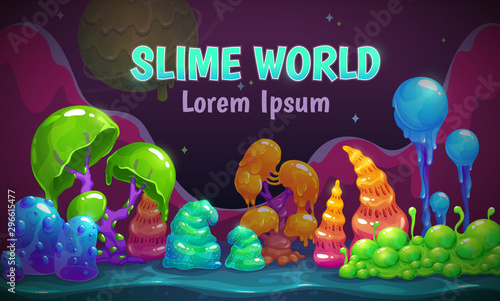 Jelly forest concept. Magic slime world. Fantasy landscape with coloful slimy plants and hills.