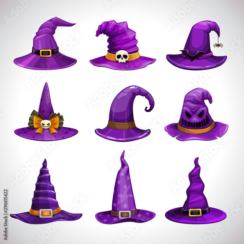 Cartoon purple witch hats, fantasy caps icons set. Wizard hat collection.