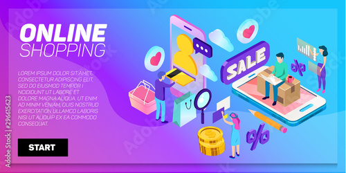 Isometric online shopping and delivery. E-commerce, retail, store. Internet marketing.