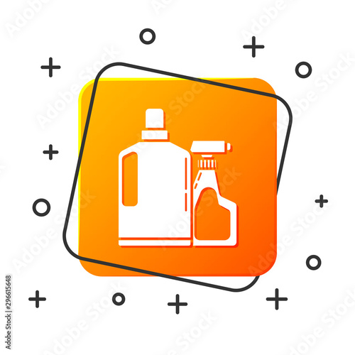 White Plastic bottles for liquid laundry detergent, bleach, dishwashing liquid or another cleaning agent icon isolated on white background. Orange square button. Vector Illustration